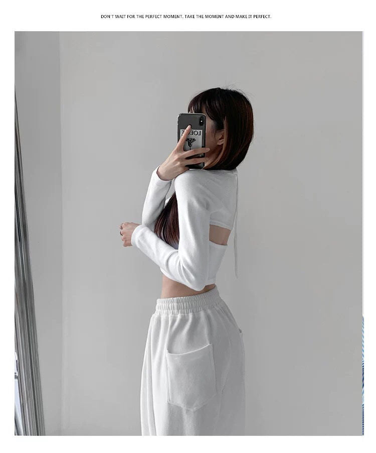 Y2K T-shirt Two Piece Women Long Sleeve Smock+Knitted Halterneck Camis Skinny Cropped Tops Woman