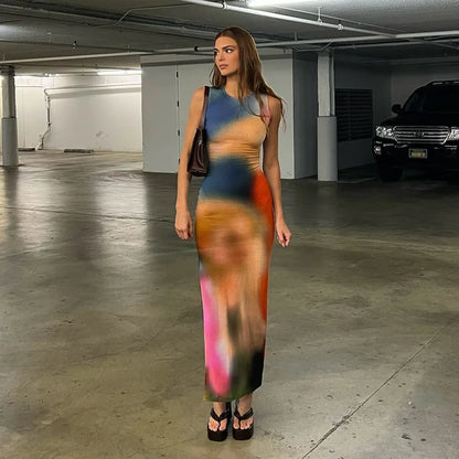 Tie Dye Print Ribbed Midi Dress Bodycon Side Slit Y2K