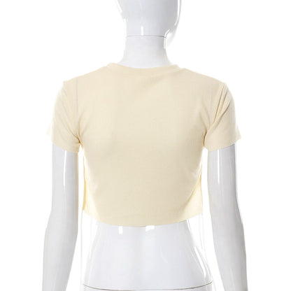 Sexy O Neck Split Ribbons Cropped T-Shirts Women Ribbed Knit Short Sleeve Slim Tshirts 2022 Summer