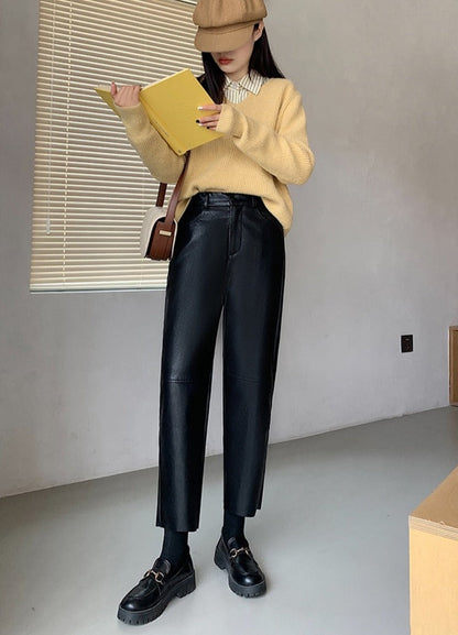 Spring Autumn PU Leather Pants Women High Waist Pockets Faux Leather Harem Pants