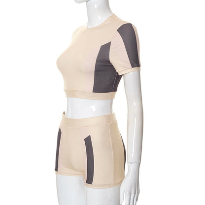 O Neck Short Sleeves Patchwork Crop T Shirt Shorts 2 Pieces Set