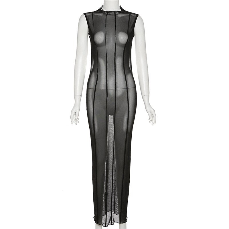 Mesh O Neck Long Sleeves Backless Lace Up See Through Sexy Bodycon Maxi Dress