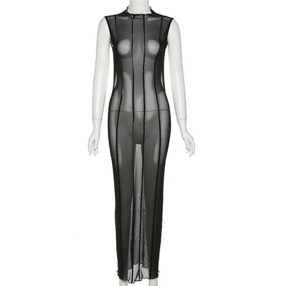 Mesh O Neck Long Sleeves Backless Lace Up See Through Sexy Bodycon Maxi Dress