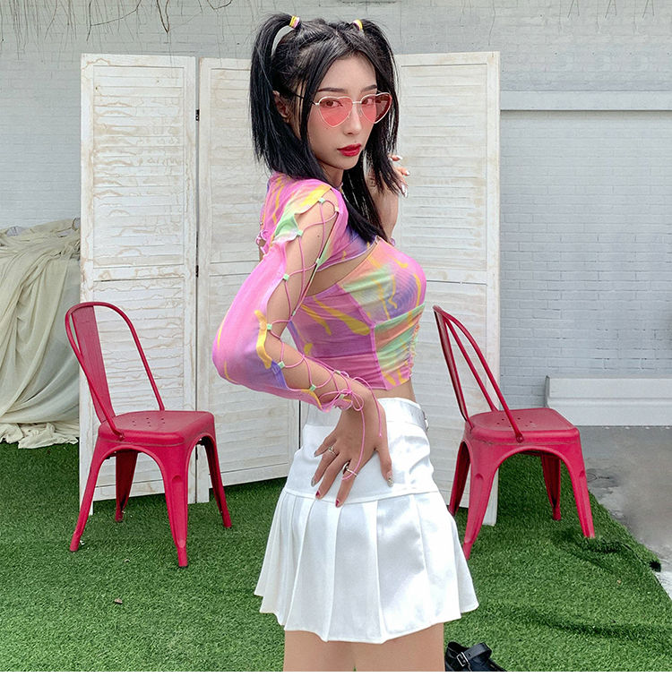 Hollow Bandage T-Shirt Women Sweet Suits Color Pattern Mesh Camisole + Long Sleeve Smock Female