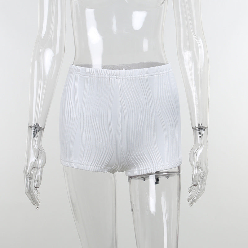 White Deep V-neck Halter Bandage 2 Pieces Sets Sleeveless Backless Suits Outfits with Shorts