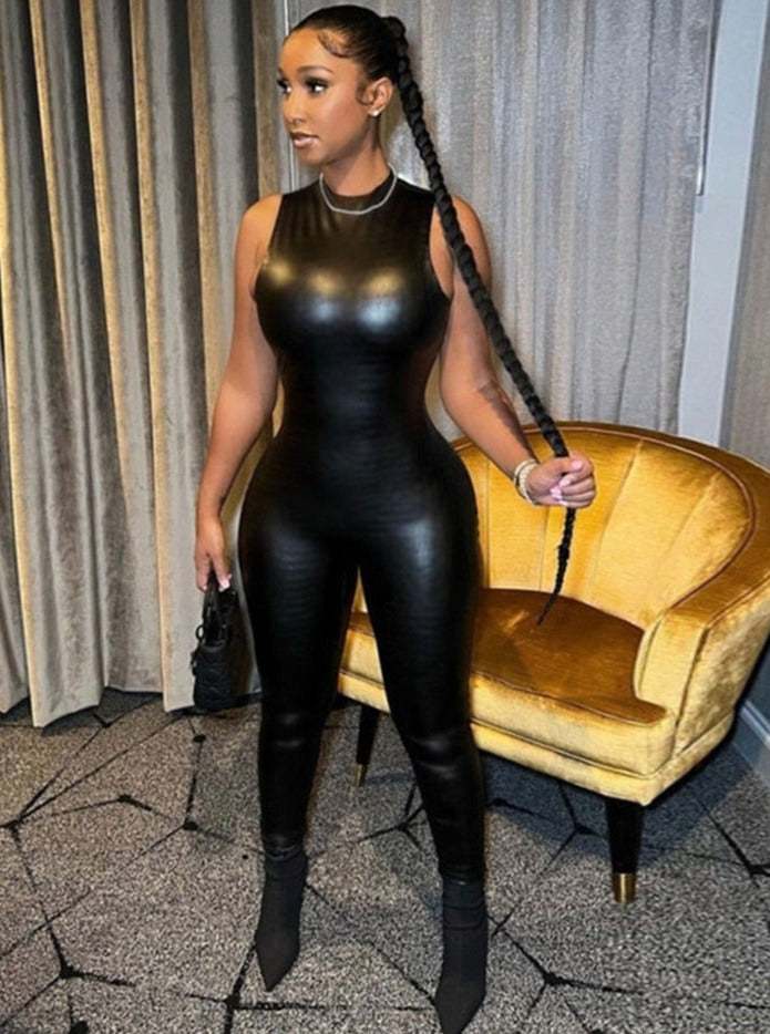 PU Leather Sleeveless Turtleneck Zipper Women Jumpsuit 2022 Casual Street Style Sports Fitness