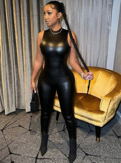 PU Leather Sleeveless Turtleneck Zipper Women Jumpsuit 2022 Casual Street Style Sports Fitness
