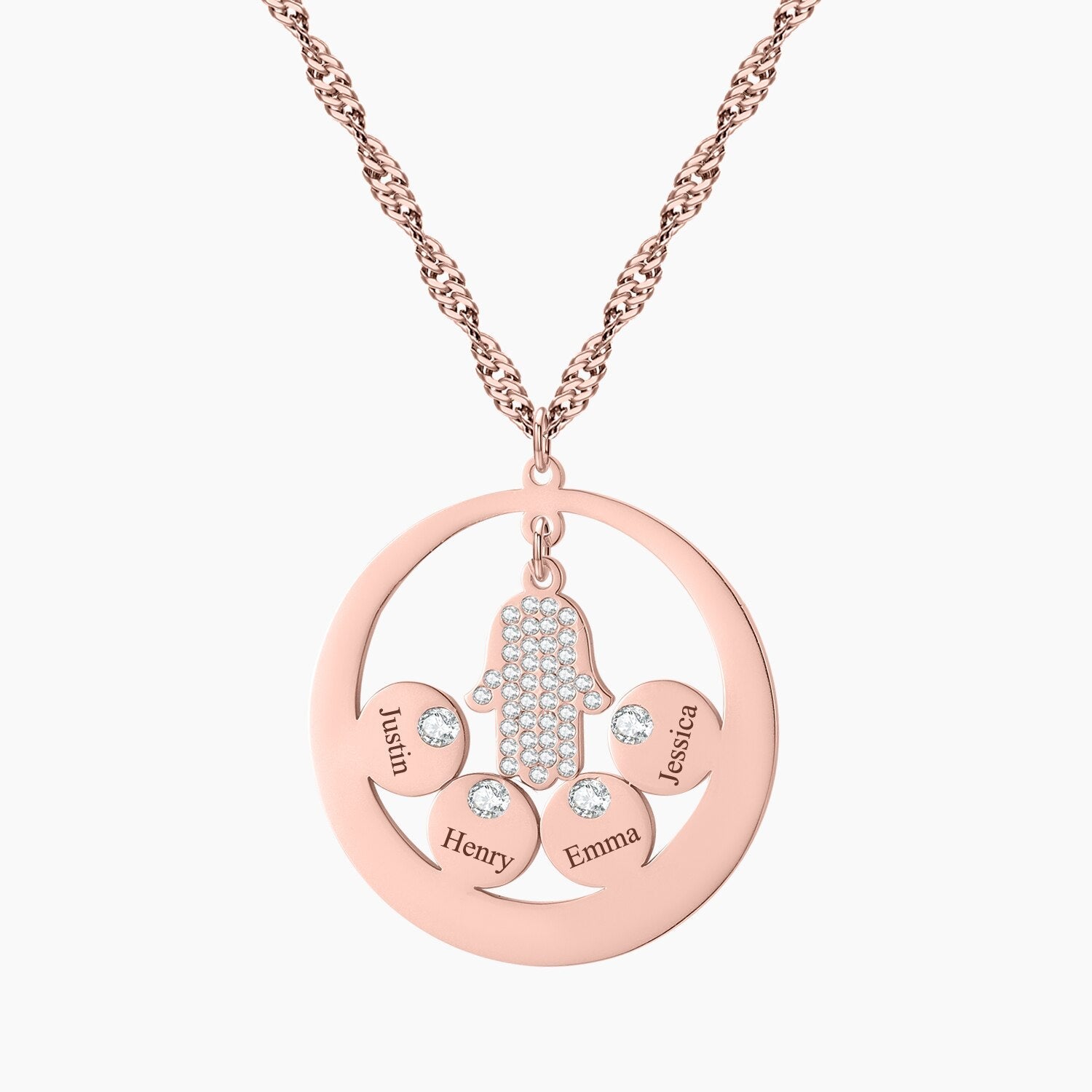 Round Family Name Necklace Hamsa Hand Stainless Steel Necklace Zircon Evil Eye Fatma&
