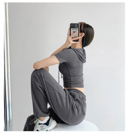 Fashion Hooded T-shirts Women Summer Tight Short Sleeve Y2k Tees Gray Crop Tops Female