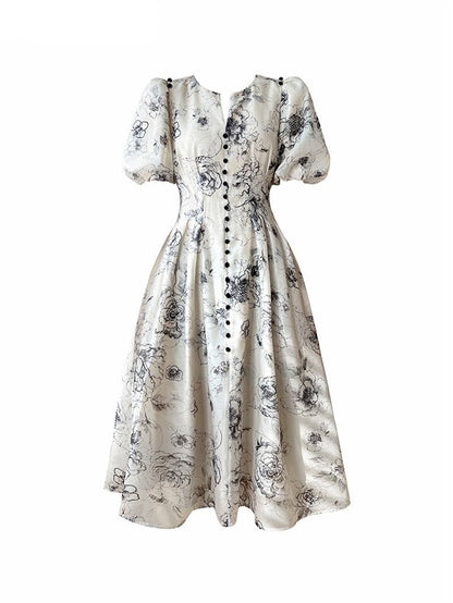 Vintage O-neck Single-breasted Summer Puff Sleeve Slim Women A-line Dress vestidos femme