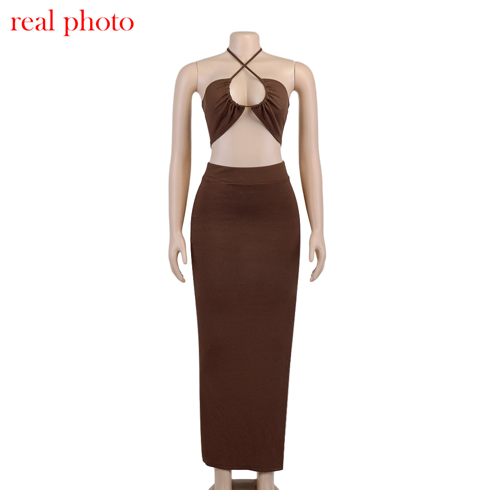 Cryptographic Bandage Cut Out Sexy Halter Neck Top and Skirts Set Gathered Elegant