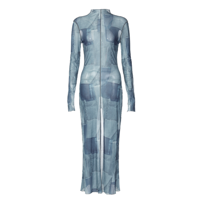 Mesh O Neck Long Flare Sleeve Print Slit Vintage Sexy Bodycon Maxi Dress