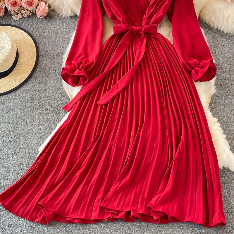 Slim Dress Elegant A Line V Neck Puff Sleeve Chiffon Pullover Mid-Calf Dresses