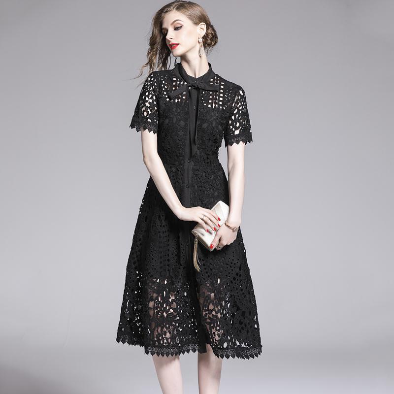 Lace Hollow Out Stand Collar Short Sleeve Dress High Waist Mid-calf Dress