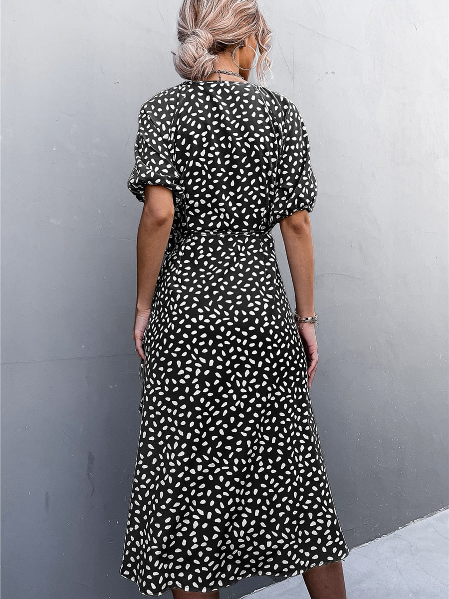 Woman Short Sleeve V Neck Chiffon Wrap Dresses Polka Dot Streetwear Elegant Midi Dress
