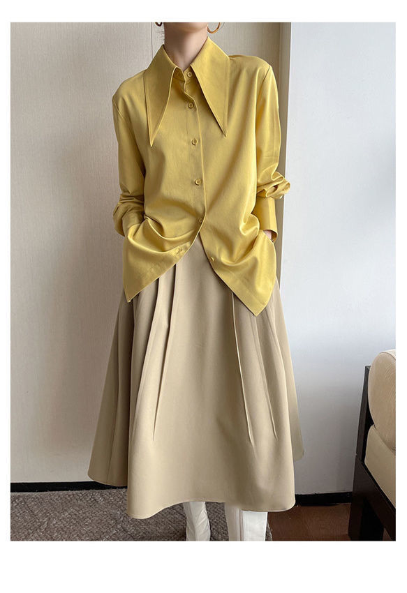Big Pointed Collar White Blouses For Women Vintage Loose Long Sleeve Shirt
