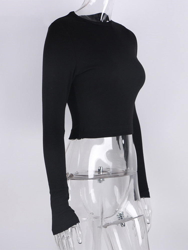 O Neck Long Sleeve Shirt Women Ribbed Sexy Cropped Tops Casual Skinny T Shirts White