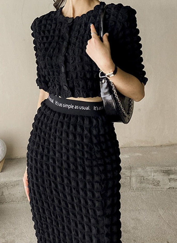 Summer Ladies 2 Pieces Skirt Set Short Sleeve Single-breasted Tops &amp; High Waist