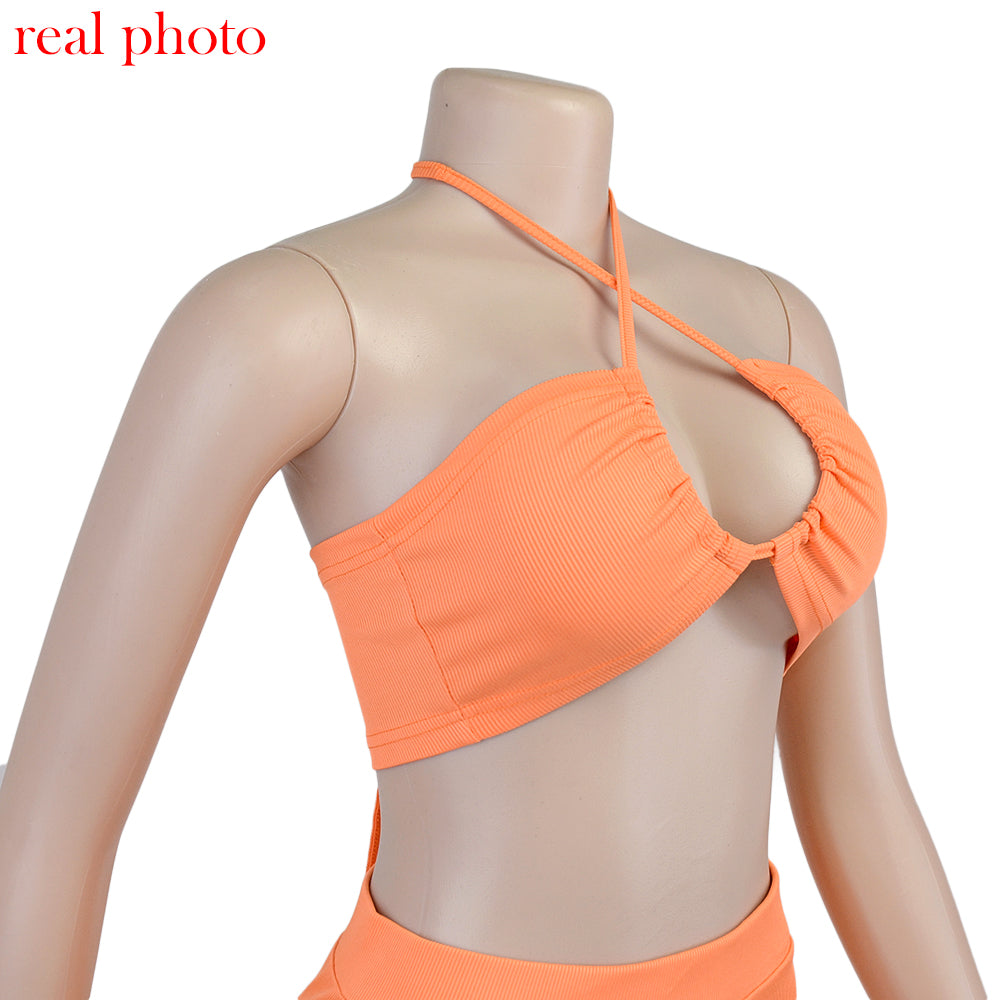 Cryptographic Bandage Cut Out Sexy Halter Neck Top and Skirts Set Gathered Elegant
