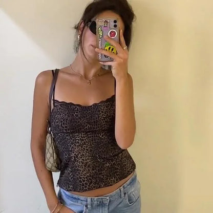 Leopard Print Sling Women Sexy Tube Top Sleeveless Backless Lace Slim Tanks Tops