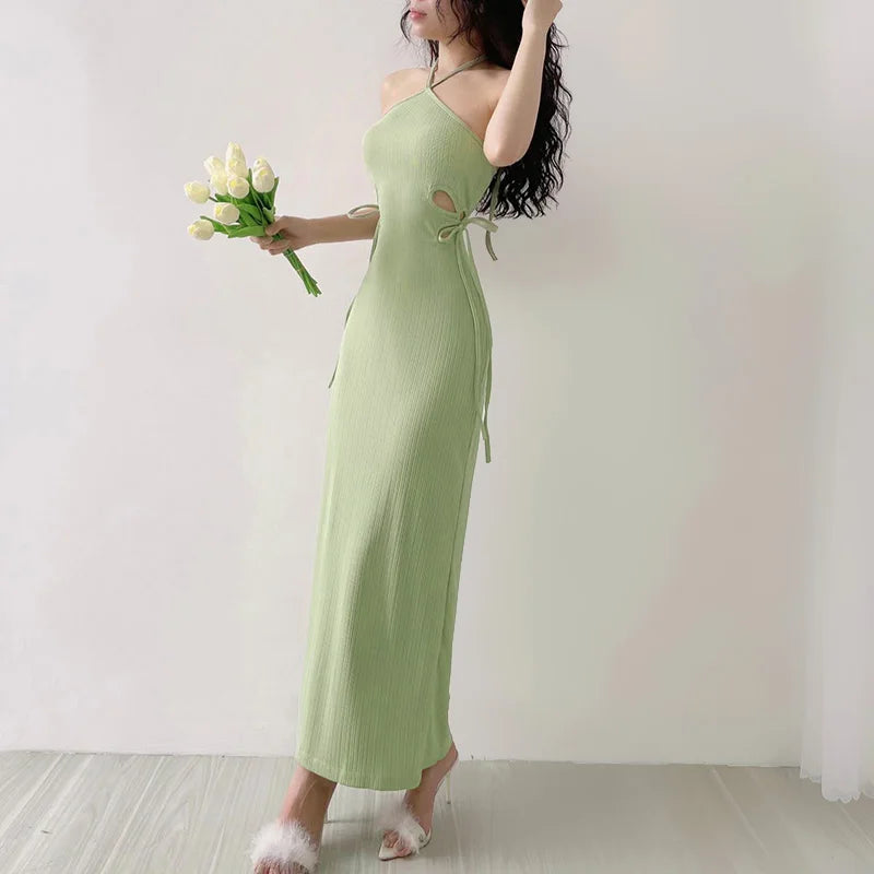 Knitted Long Sleeve Slim Mini Fairycore Slash Neck Dress