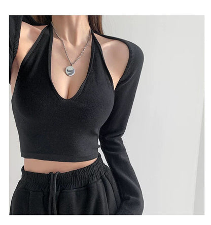 Y2K T-shirt Two Piece Women Long Sleeve Smock+Knitted Halterneck Camis Skinny Cropped Tops Woman