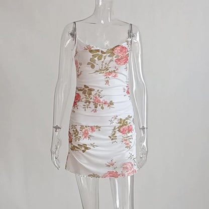 Floral Print Women Mesh Strap Mini Dress Ruched Bodycon Sexy Streetwear Summer Clothes
