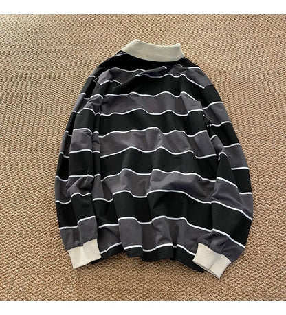 Striped POLO Shirt Men Women Casual Loose Couple BF Lapel Sweatshirts