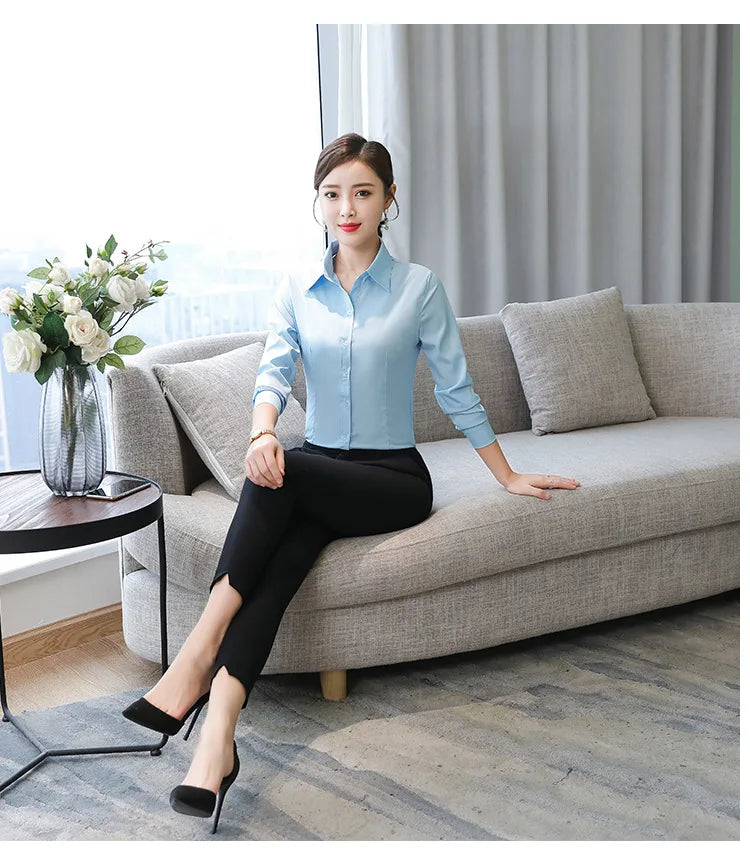 Polyester Cotton Shirts for Women Long Sleeve Blouse