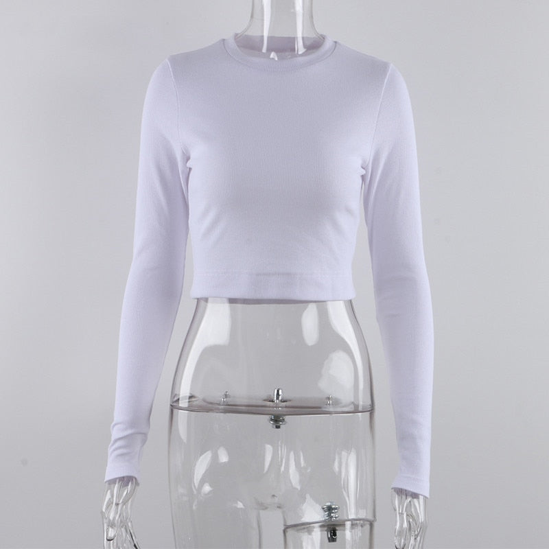 O Neck Long Sleeve Shirt Women Ribbed Sexy Cropped Tops Casual Skinny T Shirts White