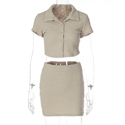 2 Piece Set Short Sleeve Crop Top Shirts Blouse Mini Skirt Suit