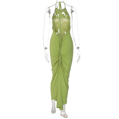 Halter Bandage Sleeveless Backless Shirring Draped Maxi Dress Sexy Streetwear