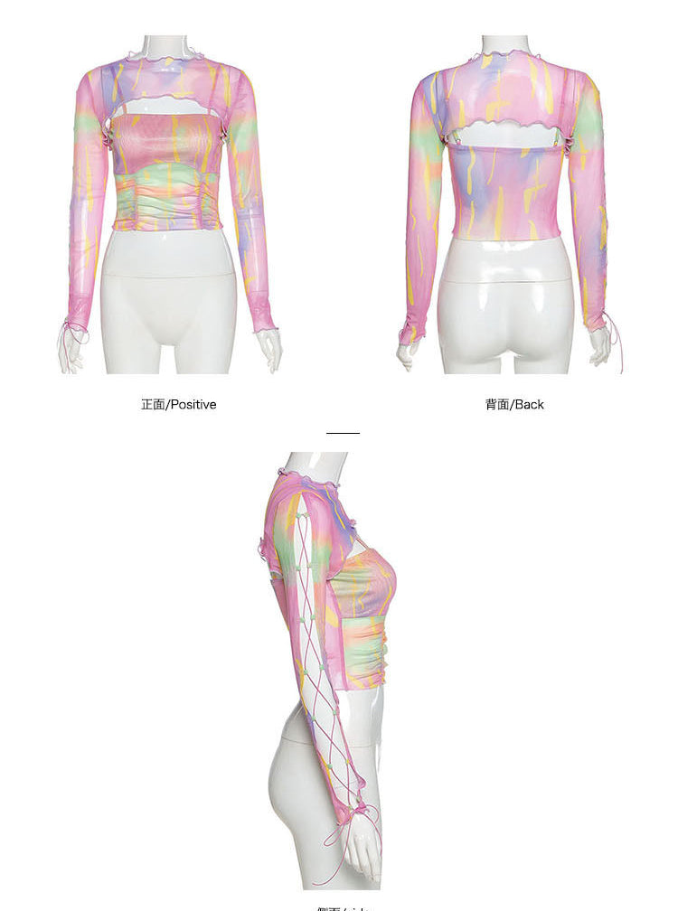Hollow Bandage T-Shirt Women Sweet Suits Color Pattern Mesh Camisole + Long Sleeve Smock Female