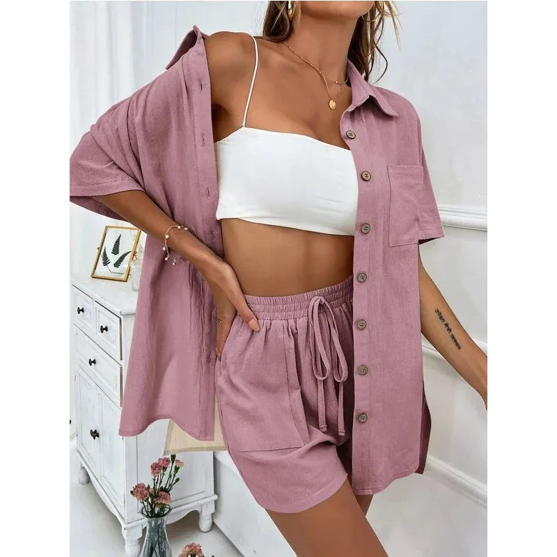 Solid Color Casual Loose Short Pants Sets For Women