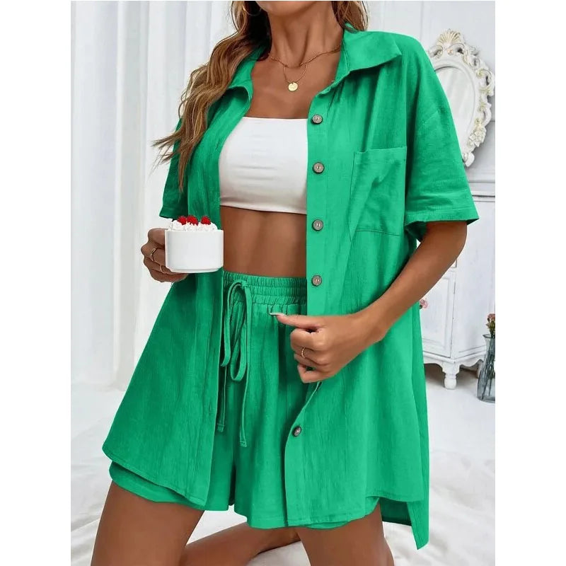 Solid Color Casual Loose Short Pants Sets For Women