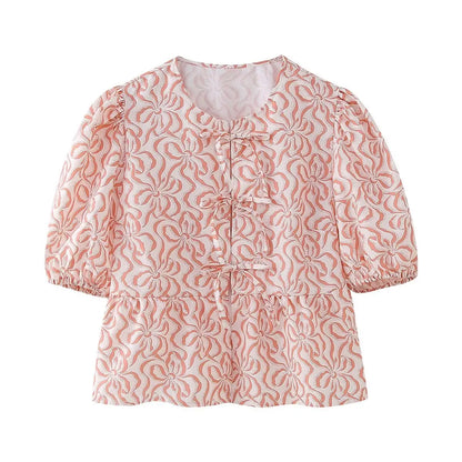 Leopard Blouse Puff Sleeve Crop Top Women&
