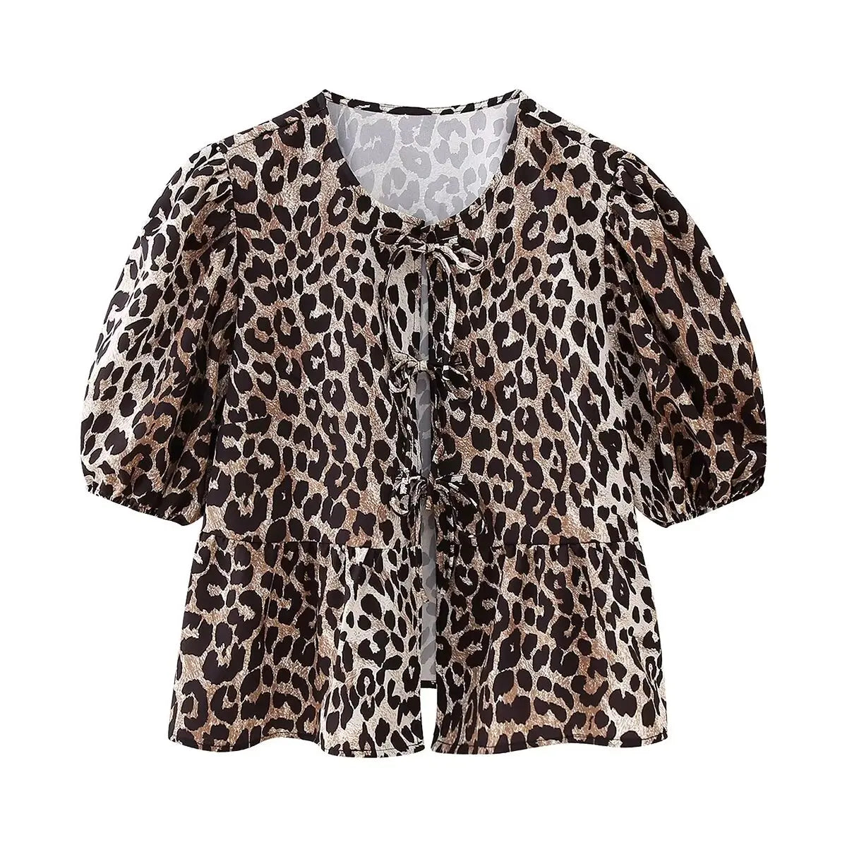 Leopard Blouse Puff Sleeve Crop Top Women&
