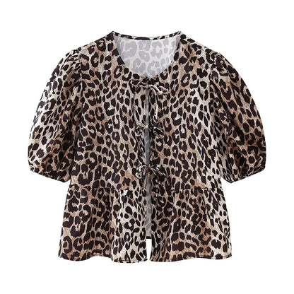 Leopard Blouse Puff Sleeve Crop Top Women&