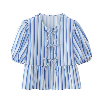Leopard Blouse Puff Sleeve Crop Top Women&