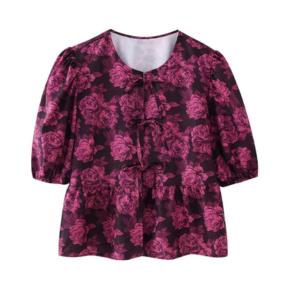 Leopard Blouse Puff Sleeve Crop Top Women&