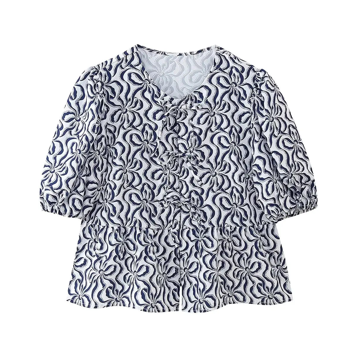 Leopard Blouse Puff Sleeve Crop Top Women&