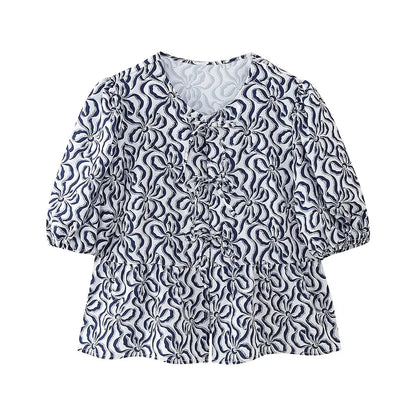 Leopard Blouse Puff Sleeve Crop Top Women&