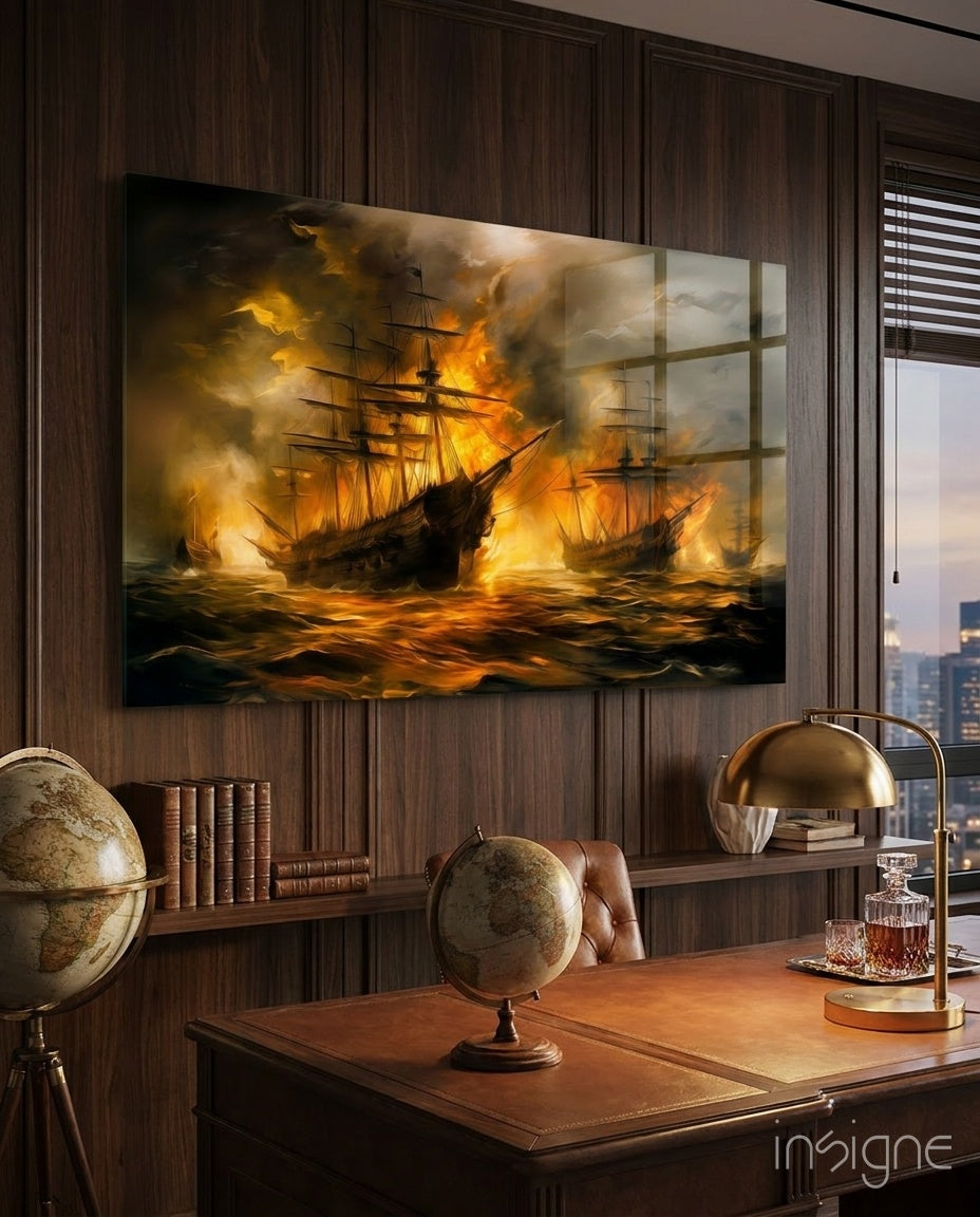 Navy in Flames Glass Wall Art || Designer Collection