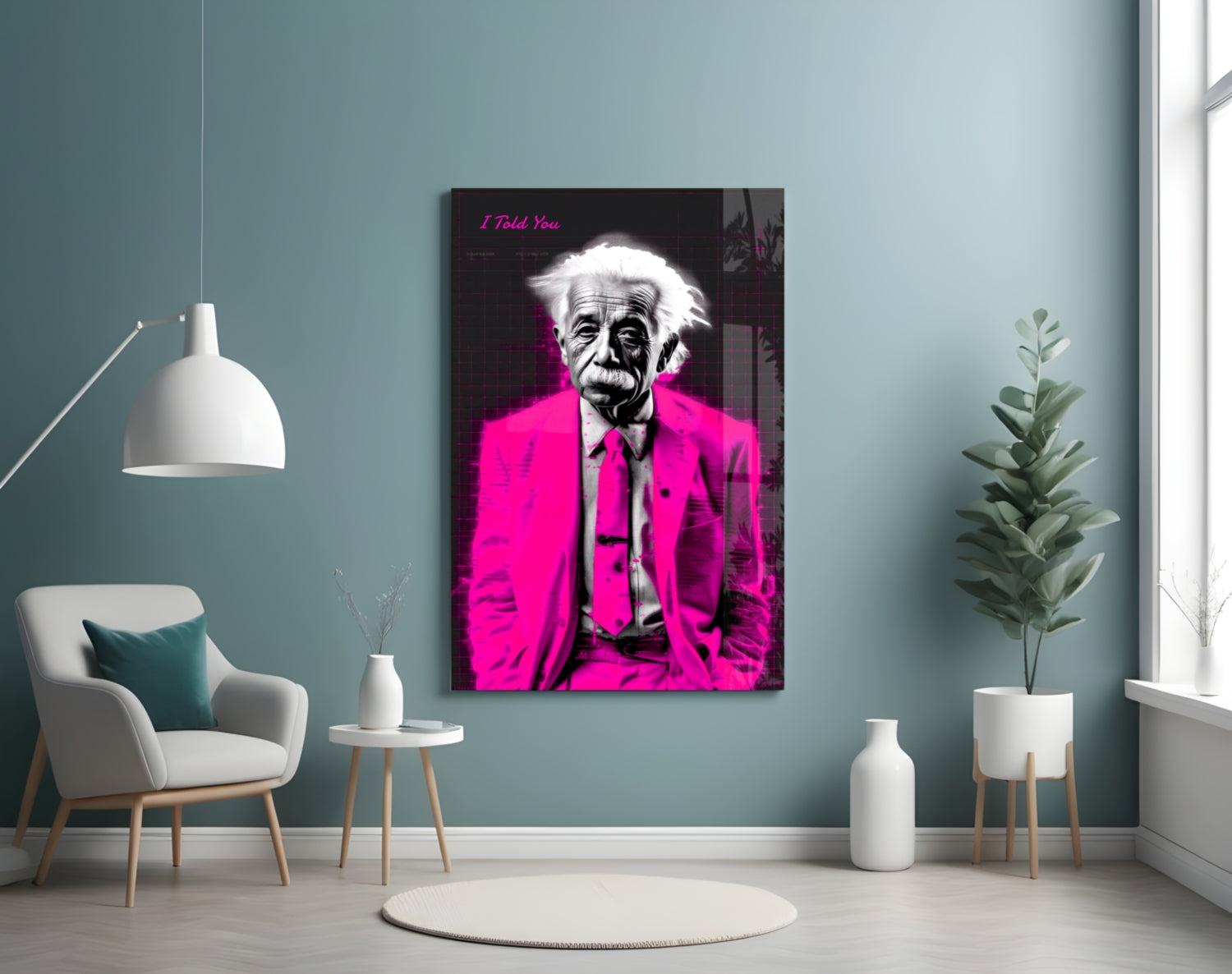 Magenta Suit Wild Haired Genius Glass Wall Art