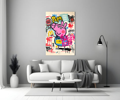 Urban Cartoon Piglet Glass Wall Art || Designer Collection