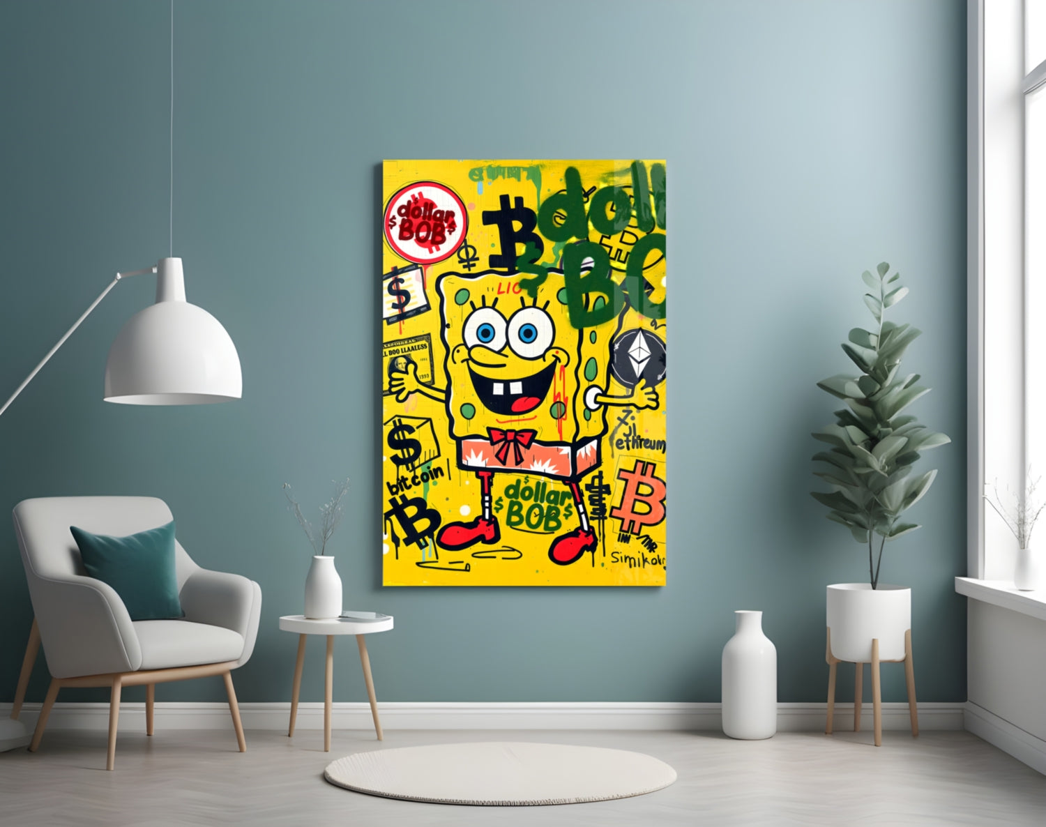 Crypto Yellow Sponge Cartoon Glass Wall Art || Designer Collection