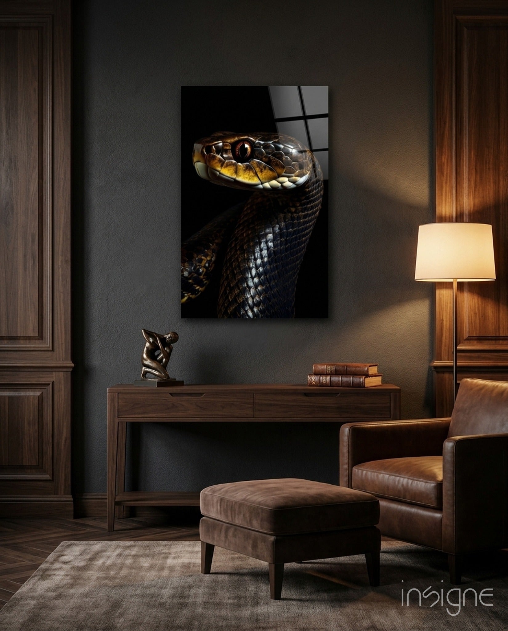Golden-Eyed Black Snake Glass Wall Art || Designer Collection