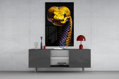 Golden Headed Snake Glass Wall Art || Designer Collection