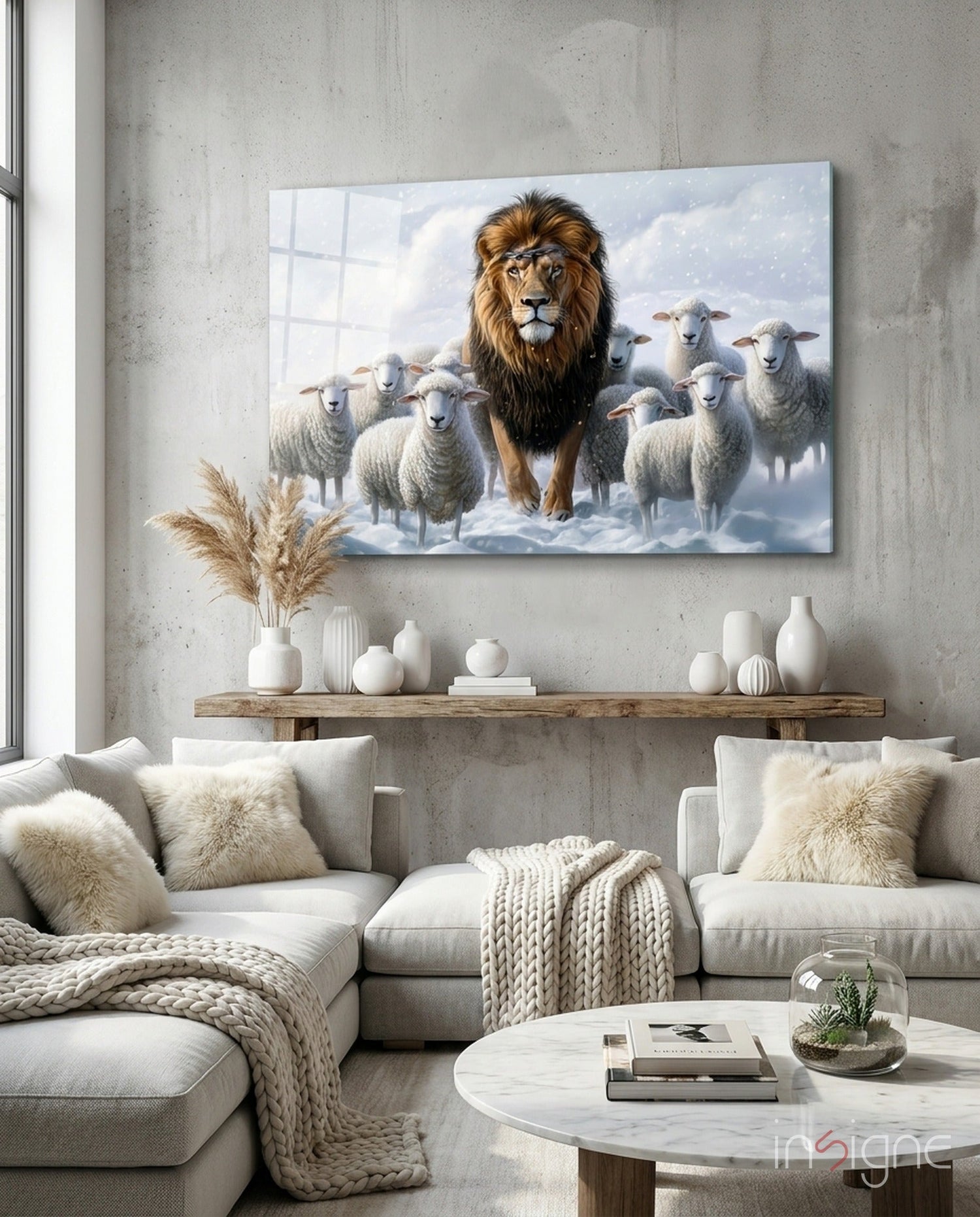 The Lion and the Lambs: Snowy Kingdom Glass Wall Art || Designer Collection