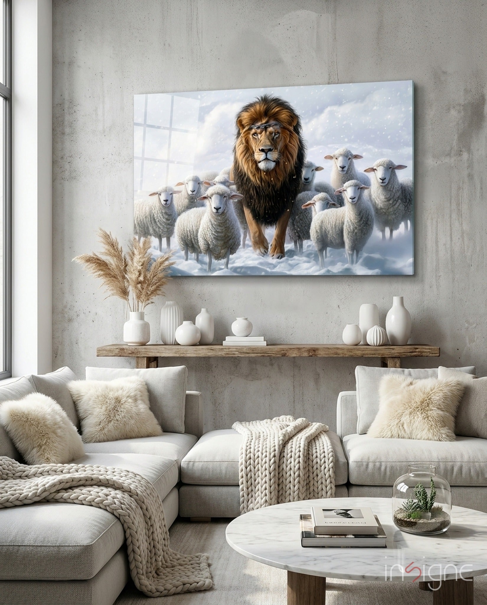 The Lion and the Lambs: Snowy Kingdom Glass Wall Art || Designer Collection